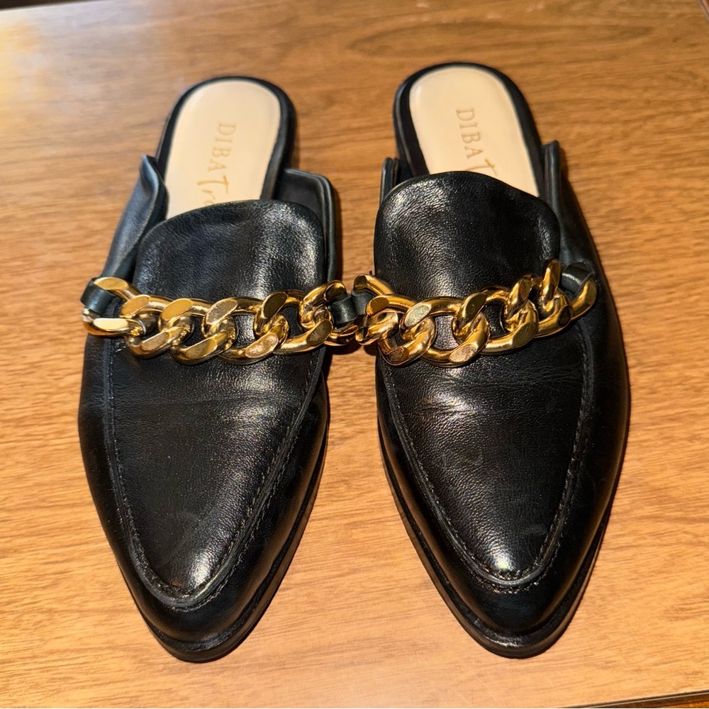 Diba True Black Mules with Gold Chain Accent